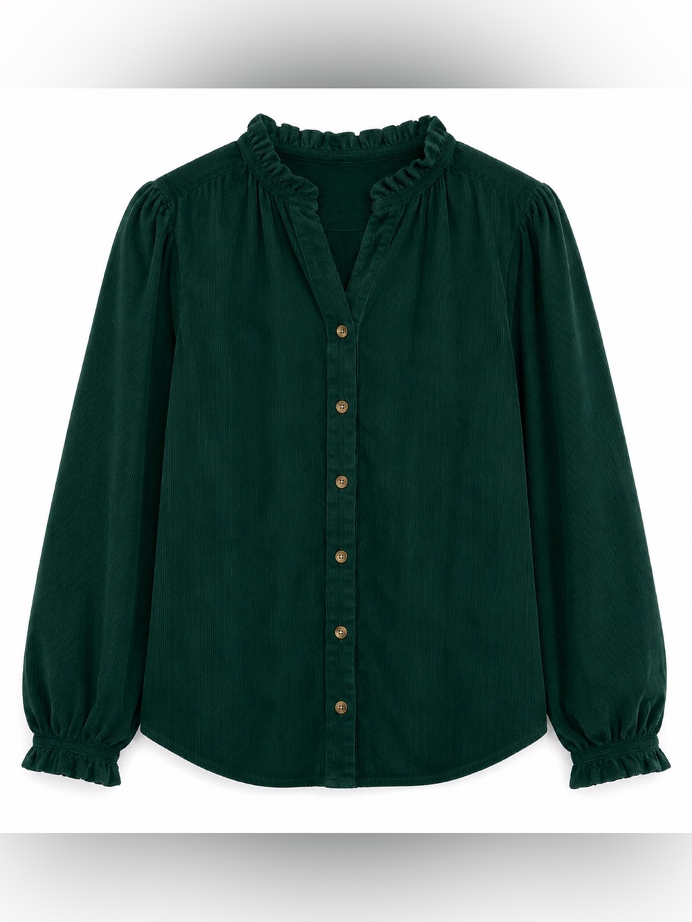 Wonderly Green Corduroy Button Down Women’s S Ruffle Neck Long Sleeve Boho Top‎